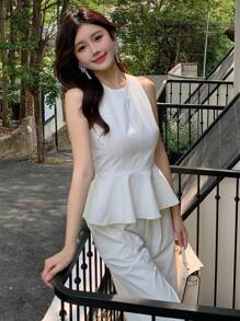 DAZY 2 piezas Mujer Cuello redondo Parte superior sin mangas con volante en el dobladillo, chaleco largo de unicolor para el verano