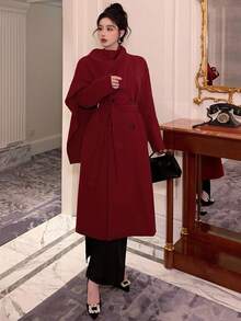 DAZY Women's Loose Waist Long Overcoat With Scarf Collar, Casual City Style,New Year - Burgundy - View 4