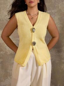 Flirla Chaleco de punto con botones de concha para mujer de talla grande, suéter superior versátil de moda casual