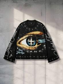 ROMWE MEN Street Life Men's Rhinestone Embellished Eye Long Sleeve T-Shirt, Casual Street Punk Style, Spring/Autumn, Fall, 2000s Style - Black - View 4