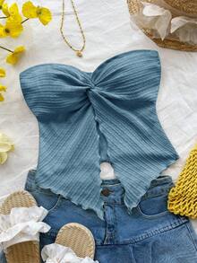 SHEIN Áo hai dây viền bất đối xứng thoải mái tối giản dành cho bé gái tuổi mới lớn - Màu xanh hải quân - Xem 6