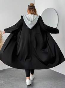 SHEIN CURVE+ 大码女式长袖单排扣抽绳腰休闲撞色连帽风衣女式长外套女式长外套开放式长袍大码夹克适度外套，女式秋季服装冬季秋冬 - 黑色 - 查看 2