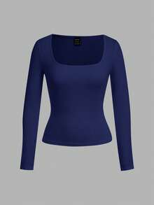 SHEIN EZwear 2 件套大码女式方领修身长袖休闲 T 恤套装，适合秋冬季 - 彩色 - 查看 3