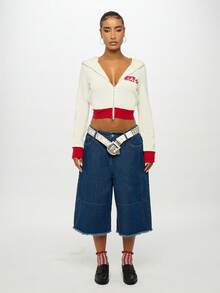 SUMWON WOMEN Wide Leg Baggy Denim Jorts With Raw Edge Hem Detail Casual Cutoff Bermuda Culottes Street Style Y2K Fashion Loose Fit Knee Length Relaxed Bottoms - Blue - View 2