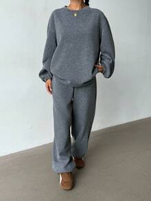 SHEIN 2pcs/Set Teen Girls' Oversized Heather Grey Crew Neck Sweatshirt And Sweatpants Tracksuit, Casual Vintage American Style, Suitable For Autumn/Winter, Back To School Season Grey Sweatpants Wide Leg Sweatpants Flare Sweatpants Two Piece Sweatsuit Grey Two Piece Set Two Piece Pants Set Grey Pants Fall - Dark Grey - View 8