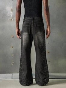 NEON BLANC Men's Rhinestone Embellished Flared Jeans, Fashionable Casual With Button Pockets - Black - View 3