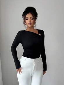 Elenzga Áo thun nữ cổ tròn trơn màu thời trang đi làm có họa tiết kim loại - màu đen - Xem 5