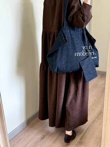 FRIFUL 女式秋季纯棕色彼得潘领长袖连衣裙，秋季连衣裙，户外连衣裙 - 咖啡棕 - 查看 2