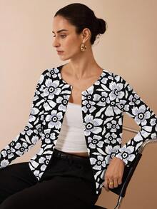 Shutterstock Glamance Jaket Kasual Motif Bunga Terbuka Depan untuk Wanita, Cocok untuk Musim Gugur - MultiWarna - View 4