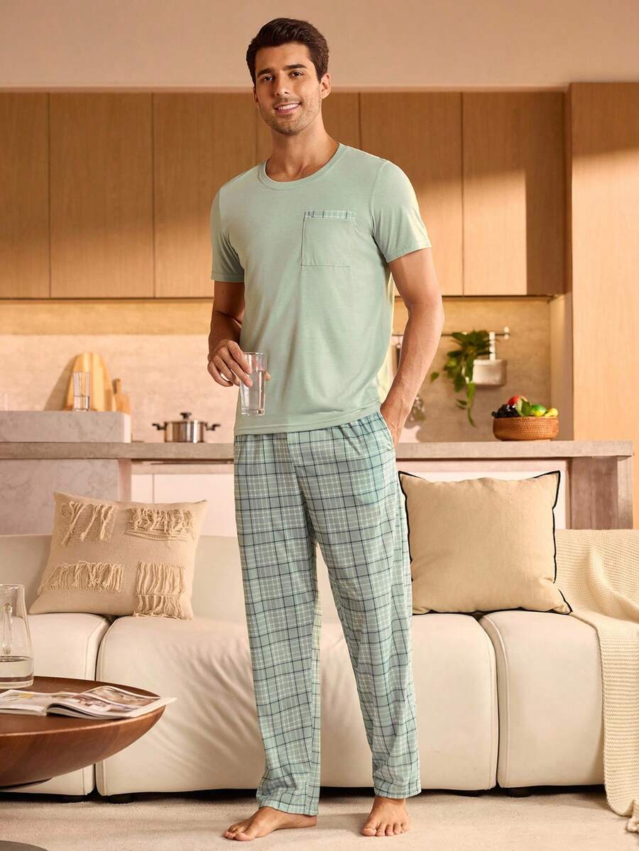 SHEIN Provexi 男士口袋圆领短袖上衣和格子裤睡衣套装 - 薄荷綠 - 查看 1