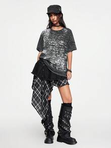 ROMWE Grunge Punk Y2K Vintage Distressed Oversized T-Shirt With Rhinestone Embellished Butterfly Wing Print - Dark Grey - View 1