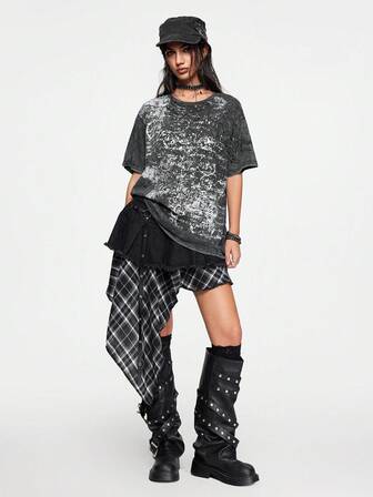 Grunge Punk T-shirt oversize vintage con stampa di ali di farfalla impreziosite da strass, in stile Y2K
