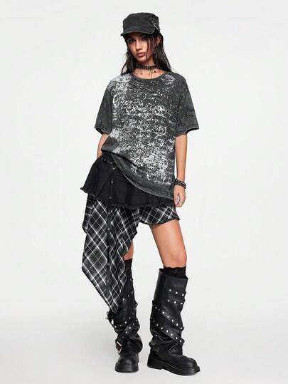 Grunge Punk T-shirt oversize vintage Y2K délavé avec imprimé ailes de papillon orné de strass