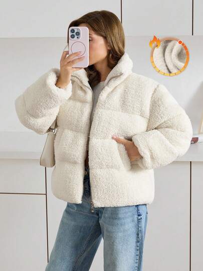 EURMUSE Oversized Teddy Fleece Padded Coat – Zip-Up Plush Sherpa Jacket In Cream, Casual, Fall, Winter