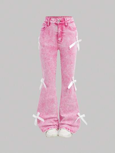 SHEIN Girlism Tween Girl Fall/Winter Y2K Cute Vintage Urban Street Cool Style Pink Denim White Bowknot Decor High Waist Flare Jeans,For Fall/Winter Dailywear Costume, Back To School And Christmas, Streetwear, Flare Jeans, Flared Jeans, Y2k Jeans, Bowknot Jeans, Jeans, Flare Jeans, Pink Jeans With Bows, Bow Jeans, Pink Bow Pants, Kawaii Jeans, Bow Jeans