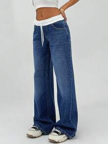 CasuGlow 100%纯棉女式短裙，年轻款低腰阔腿宽松牛仔裤 - 深色水洗藍 - 查看 9