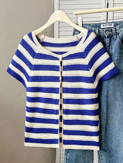 Franclia 大码女式针织条纹圆领短袖开衫