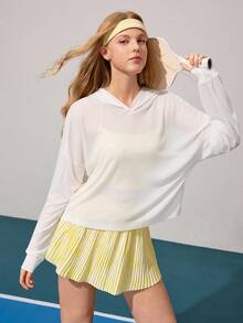 CourtClass Women's Lightweight Textured Fabric Backless Hooded Long Sleeve Casual Sports T-Shirt For Tennis, Golf, Daily Wear - White - View 1