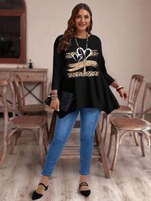 EMERY ROSE Camiseta de manga larga con cuello redondo, holgada, con estampado asimétrico de corazón y leopardo, para mujer de talla grande, color negro, para otoño/invierno, para salir de noche, para maestras, para atuendos de mujer en otoño