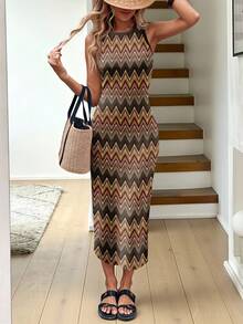 Easowa Váy midi họa tiết hình học màu nâu tối giản giản dị dành cho nữ, thích hợp cho kỳ nghỉ, đầu thu, tiệc tùng - Nhiều màu - Xem 4