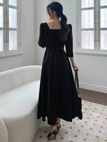 DAZY 女士方领中长连衣裙 - 黑色 - 查看 6