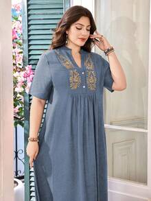 SHEIN Lacomfia Đầm thường ngày tay ngắn thêu cổ tương phản thanh lịch cỡ lớn cho nữ, thoải mái và tôn dáng khi đi làm - Màu xanh bụi bặm - Xem 4