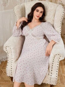 CottageSlumber Ditsy Floral Semi-Sheer Lace Trim Patchwork Mid-Length Long Sleeve Plus Size Women Nightgown, Fall - Baby Pink - View 4