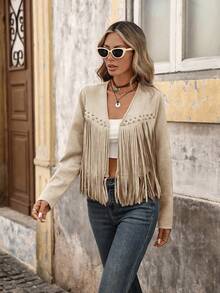 Brillora Women's Solid Color Fringe Trim Open Front Jacket In Fall/Winter - Khaki - View 4