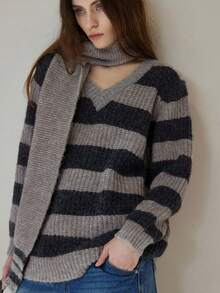 Aveloria Modichic Contrast Stripe V-Neck Pullover Sweater + Soft Loose Scarf, Slimming Casual Sweater Set - Multicolor - View 4