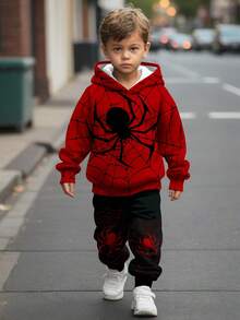 SHEIN 2pcs/Set Young Boys Loose Casual Cartoon Spider Graphic Pullover Hoodie Sweatshirt, Comfortable Streetwear Style, Suitable For Autumn/Winter Spider Hoodie For Kids Boys Halloween  Spiderweb Hoodie Boys Spider  Fall - Multicolor - View 2