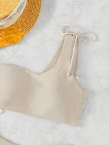 Swim Basics Summer Beach Rib One Shoulder Tie Side Bikini - Beige - View 4