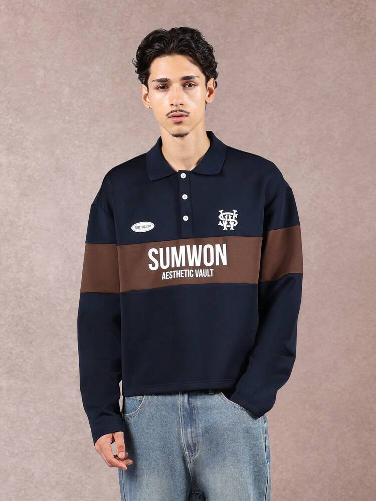 Boxy Fit Polo With Color Block Design And Logo Print