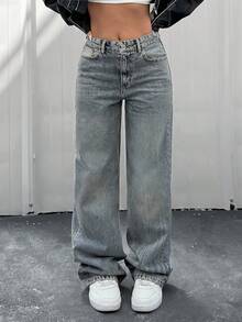 EURMUSE HIGH WAIST CASUAL STYLE DENIM STRAIGHT - Medium Wash - View 1
