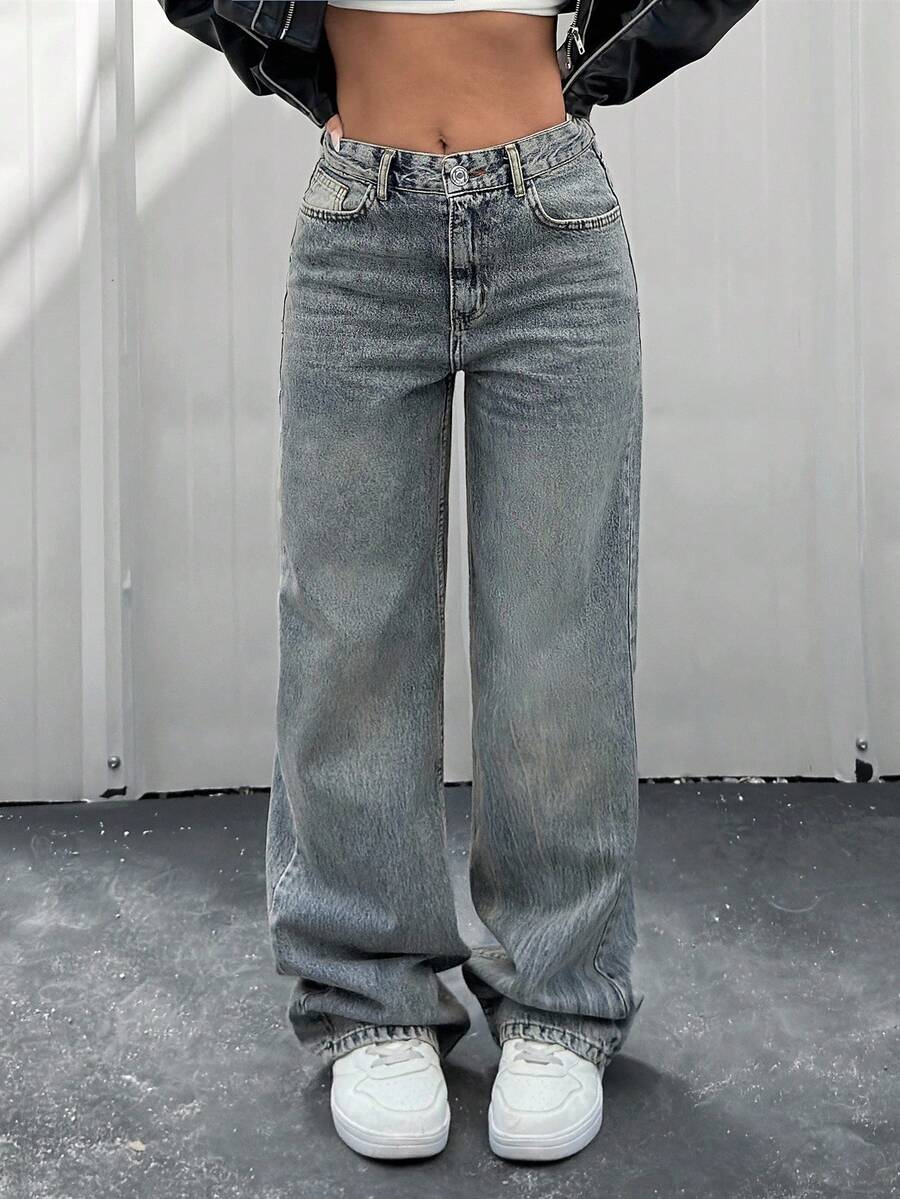 EURMUSE HIGH WAIST CASUAL STYLE DENIM STRAIGHT - Medium Wash - View 1