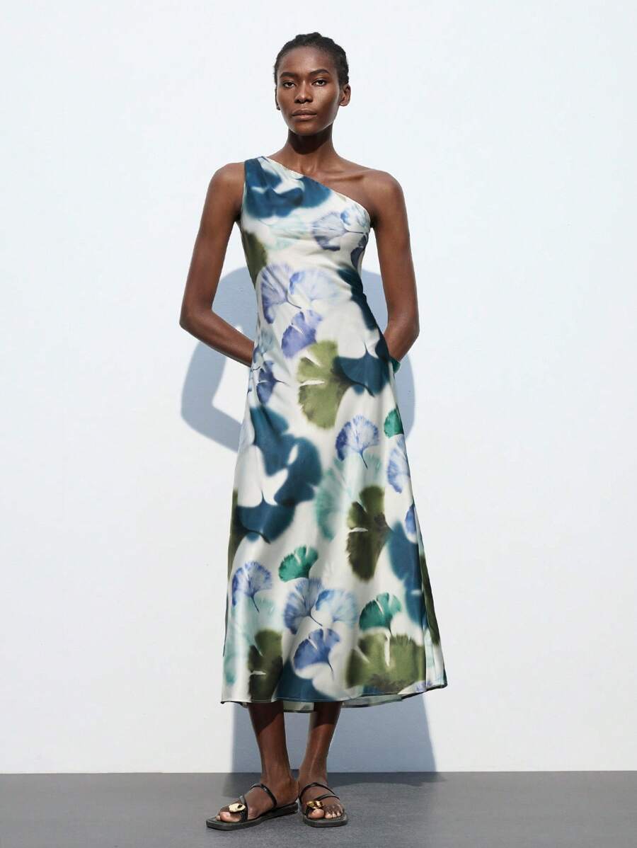 Maija Outfit Deas For Dress,Women's Elegant Ginkgo Leaf Printed Sleeveless Dress Summer Dresses For Women,Vacation Outfits - Green - View 1