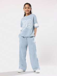SUMWON Conjunto feminino de duas peças oversized com estampa de números, composto por moletom e calça pantalona. Ideal para o outono e inverno. - Baby Azul - Ver 8