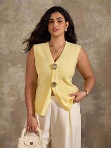 Flirla Chaleco de punto con botones de concha para mujer de talla grande, suéter superior versátil de moda casual