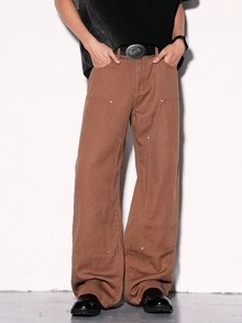 Manfinity Hypemode 大码男士纯色休闲牛仔裤 - 咖啡棕 - 查看 5