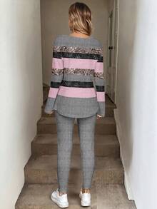 SHEIN LUNE 2 件套女士撞色闪光条纹长袖 T 恤和紧身打底裤，适合秋冬季，秋季 2 件套休闲套装女士秋季服装