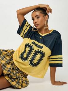 SUMWON WOMEN Varsity Jersey College Style Sporty Cheerleader Top Nostalgic Y2K Fashion Oversized Relaxed Number Print School Spirit Aesthetic Bold Casual Streetwear Prep School Retro Vibe Team Look - Yellow - View 1