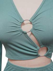 INAWLY Bộ 2 món áo crop top và quần dài cổ chữ V ôm sát bằng kim loại cỡ lớn - xanh quân đội - Xem 4