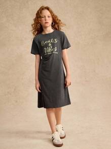 Tween Girls Dresses Spring And Summer Wildeya New Styles, Personalized Split Ruched Design Fluorescent English Letter Print Dark Grey T-Shirt Dress, Fashion Classic Suitable For Outdoor Activities And Daily Social Events - Dark Grey - View 6