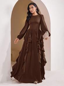 Veilorie Women's Solid Color Round Neck Lantern Sleeve Ruffle Hem Elegant Arabic Style Dress - Coffee Brown - View 6