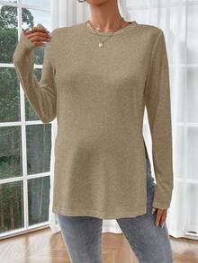 SHEIN Maglietta casual da maternità con spacco laterale, colore tinta unita, top da donna a maniche lunghe per primavera/autunno, colore marrone chiaro, top lungo marrone a maniche lunghe