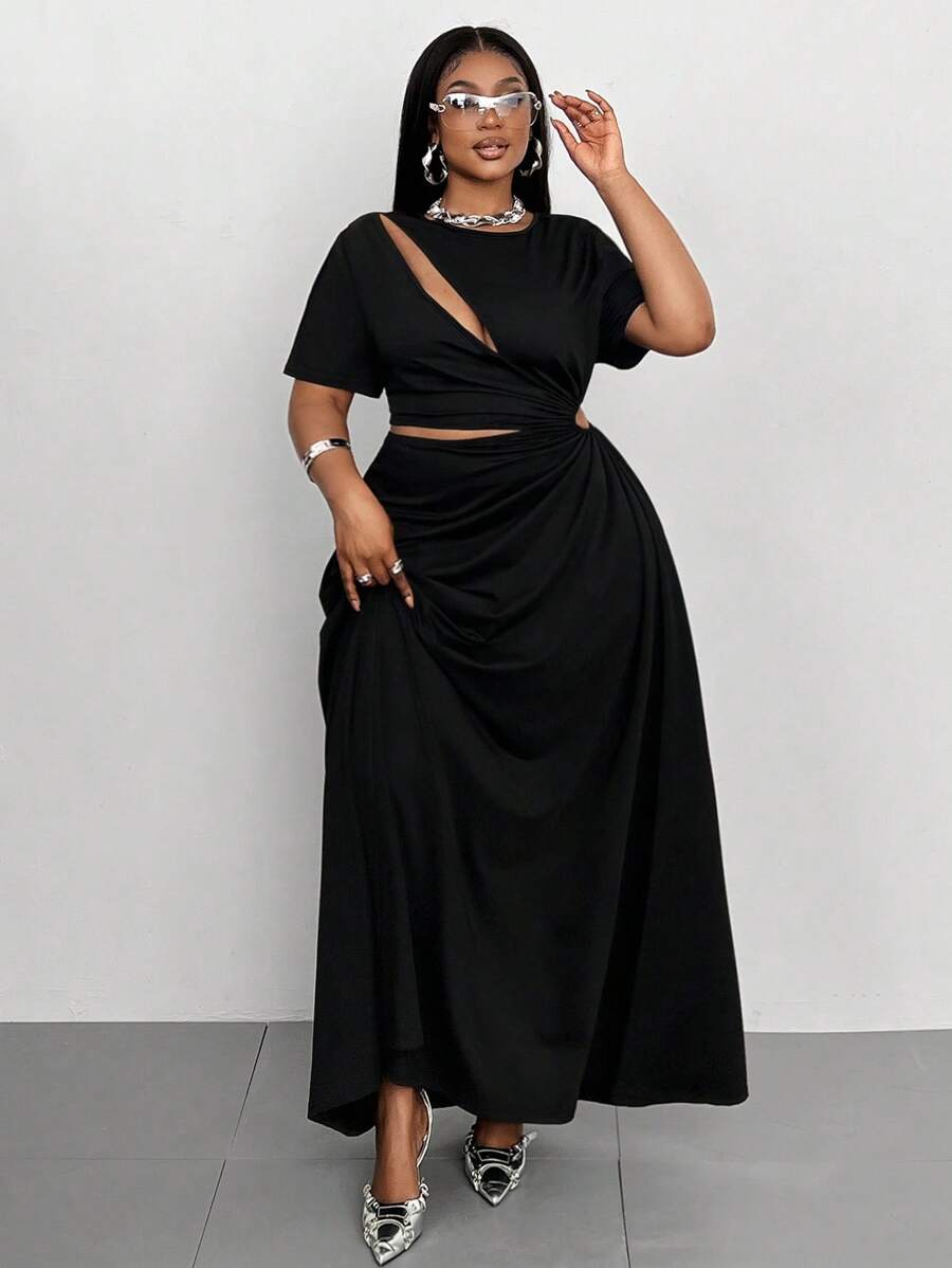 Maweii 大码女式优雅纯色不对称镂空短袖连衣裙