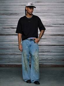 AXEPEAK 男式宽松老鹰印花水钻短袖T恤 - 黑色 - 查看 6