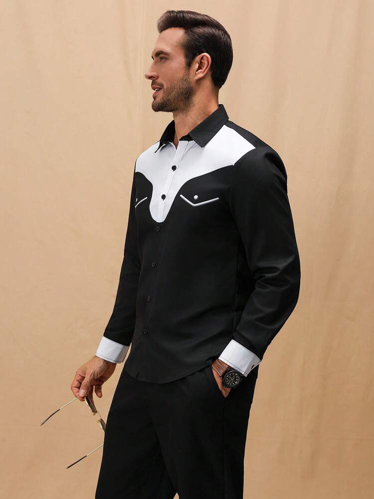 Manfinity Nomadique Men's Casual Everyday Contrast Color Button-Front Shirt And Pants Set,Fall Clothes - Black - View 7