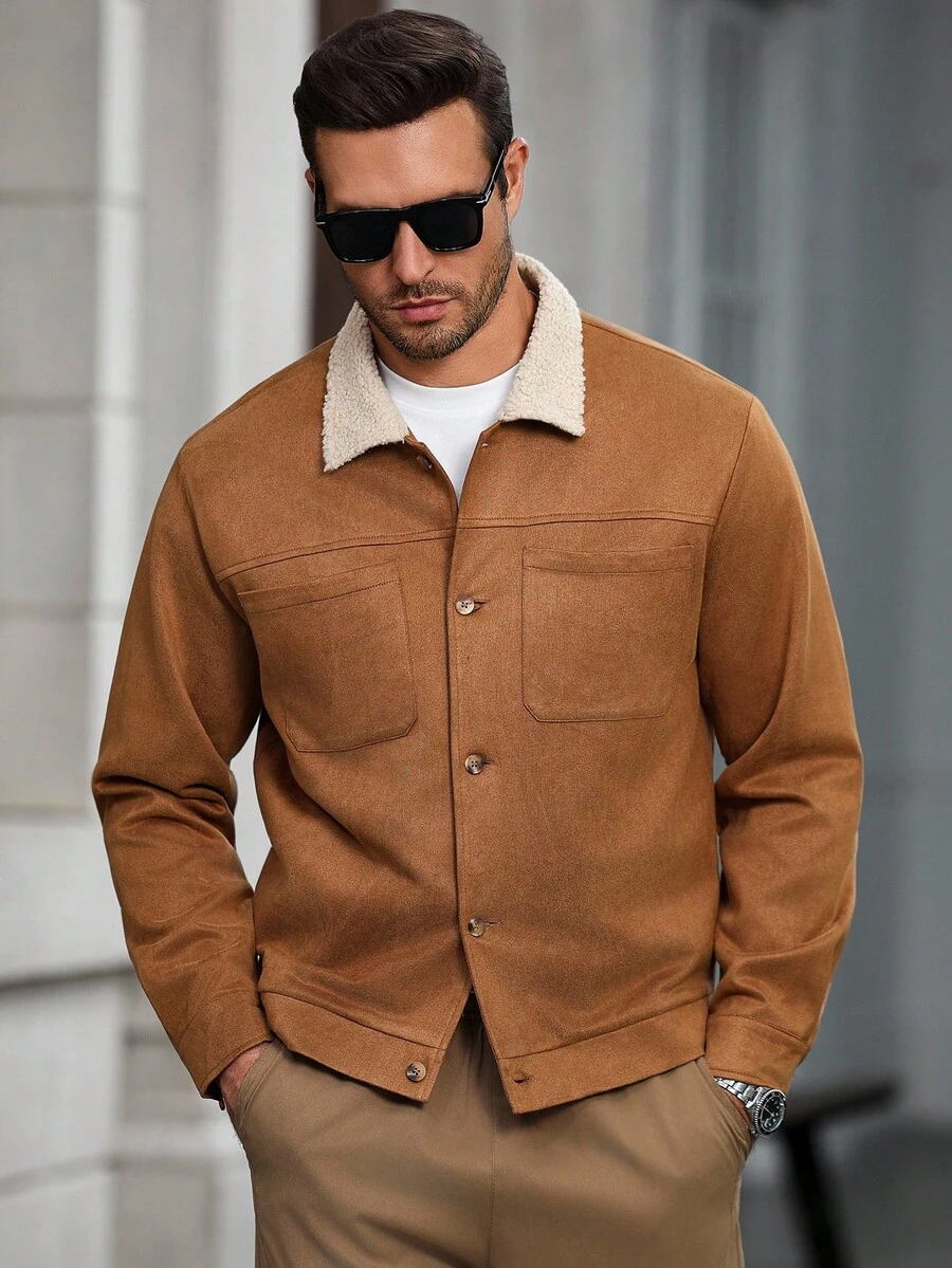 Manfinity CasualCool Áo khoác nam tay dài cổ màu tương phản, túi đơn cài khuy, áo khoác Sherpa màu nâu thời trang thu đông - Cà phê nâu - Xem 1