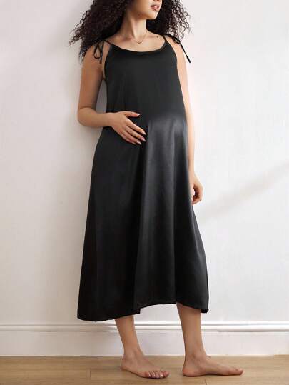 BloomMama Fashionable Maternity Faux Silk Solid Color Spaghetti Strap Loose Casual Nightgown Sleepwear Long Sleep Dress Satin Slip Dress Tank Nightgown Black Nightgown Silk Slip Dress