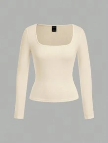 SHEIN EZwear 2 件女式海军蓝和杏色方领修身长袖休闲 T 恤套装，适合秋冬季 - 彩色 - 查看 3